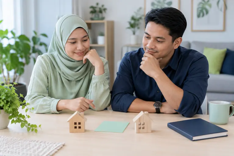 Dua pelanggan melihat hiasan rumah kayu dan kad mint kosong di meja.
