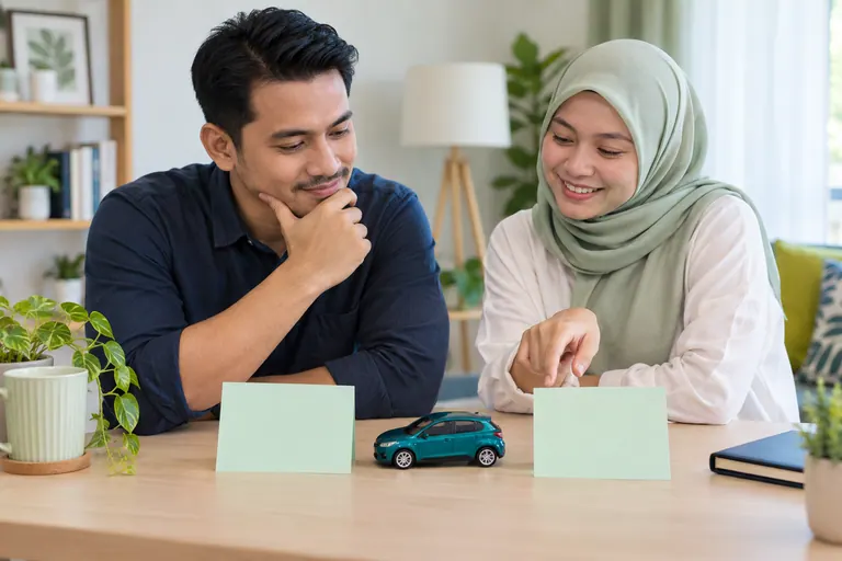 Dua pelanggan melihat dua kad mint kosong dan kereta mainan teal di meja rumah.