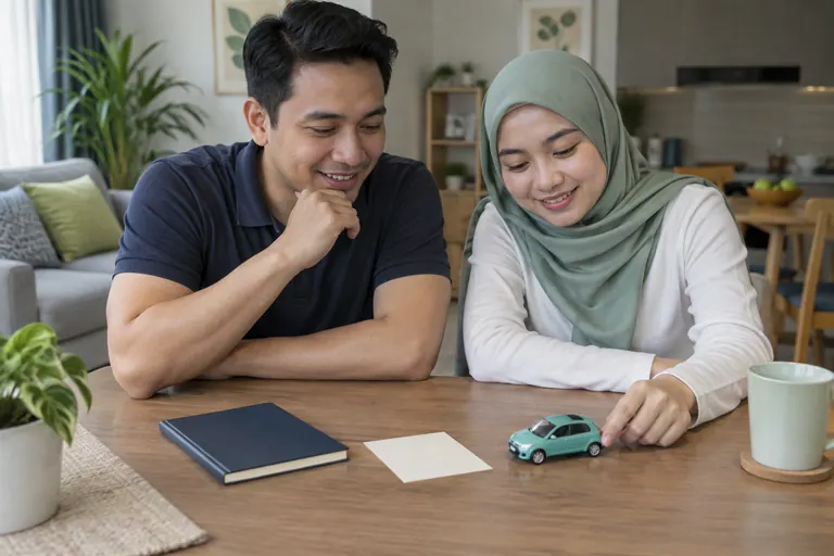 Dua pelanggan melihat kereta mainan teal, kad cream kosong dan buku nota tertutup.