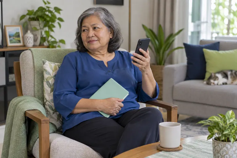 Pelanggan wanita berusia dengan telefon menghadap jauh dan buku nota mint tertutup di rumah.