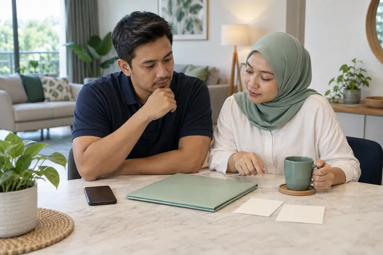 Dua pelanggan dengan folder mint tertutup, dua kad cream kosong dan telefon tanpa data kelihatan.
