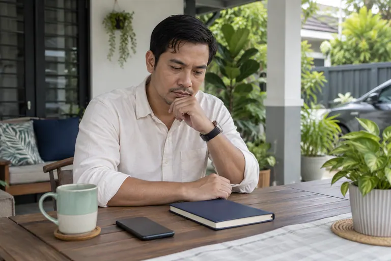 Pelanggan berbaju cream dengan buku nota navy tertutup dan telefon terbalik di meja anjung.