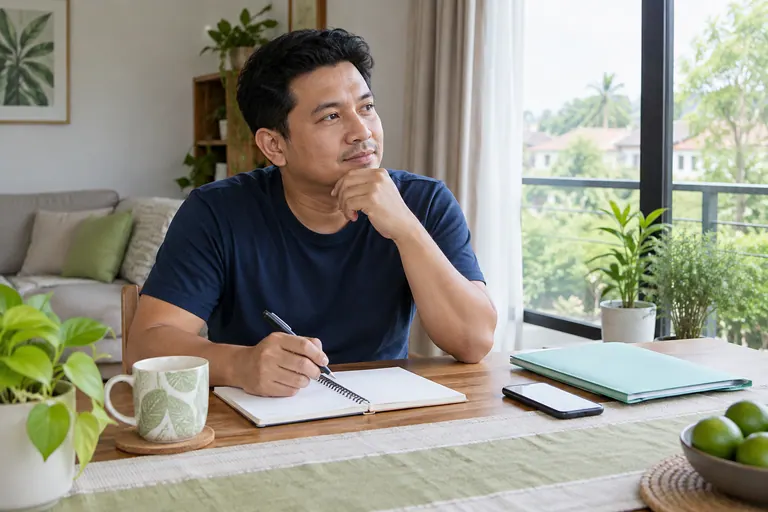 Pelanggan di tepi tingkap dengan buku nota kosong, folder mint dan telefon tanpa data kelihatan.