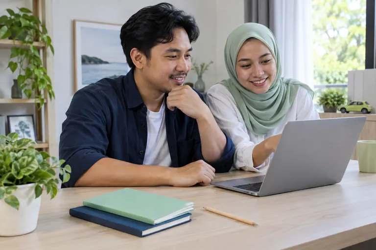 Dua pelanggan di komputer riba dengan buku nota tertutup; skrin tidak kelihatan.